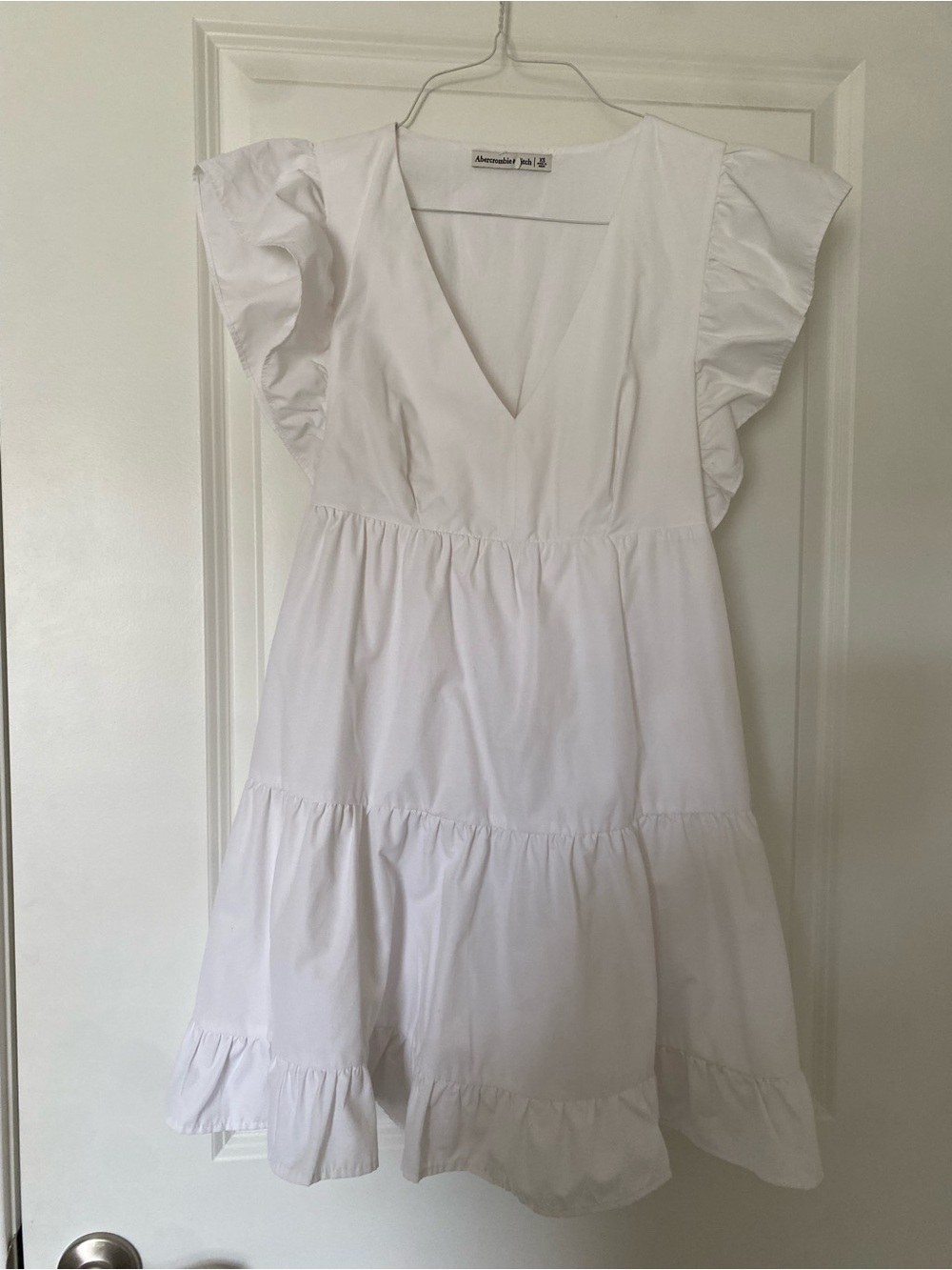 Abercrombie & Fitch White V-Neck Dress with Ruffle Sleeves
